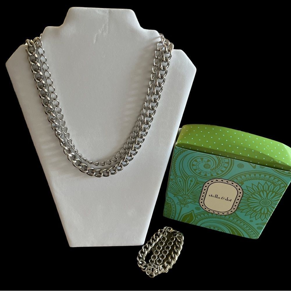 Stella & Dot La Coco Silver Curb Chain Link Necklace and Bracelet Set